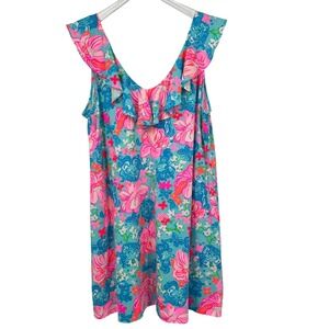 Lilly Pulitzer Alessa Flounce Swing Dress XL Floral Blue Luscious Lions Pima